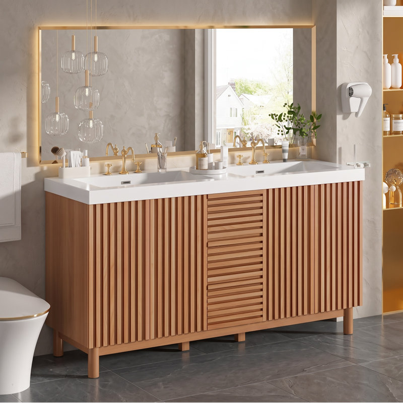 Meuble-lavabo double lavabo de 150 cm avec lavabo en résine SMC, caisson en MDF avec pieds en bois massif, charnières à fermeture douce et système de tiroirs dissimulés pour le rangement de la salle de bain.