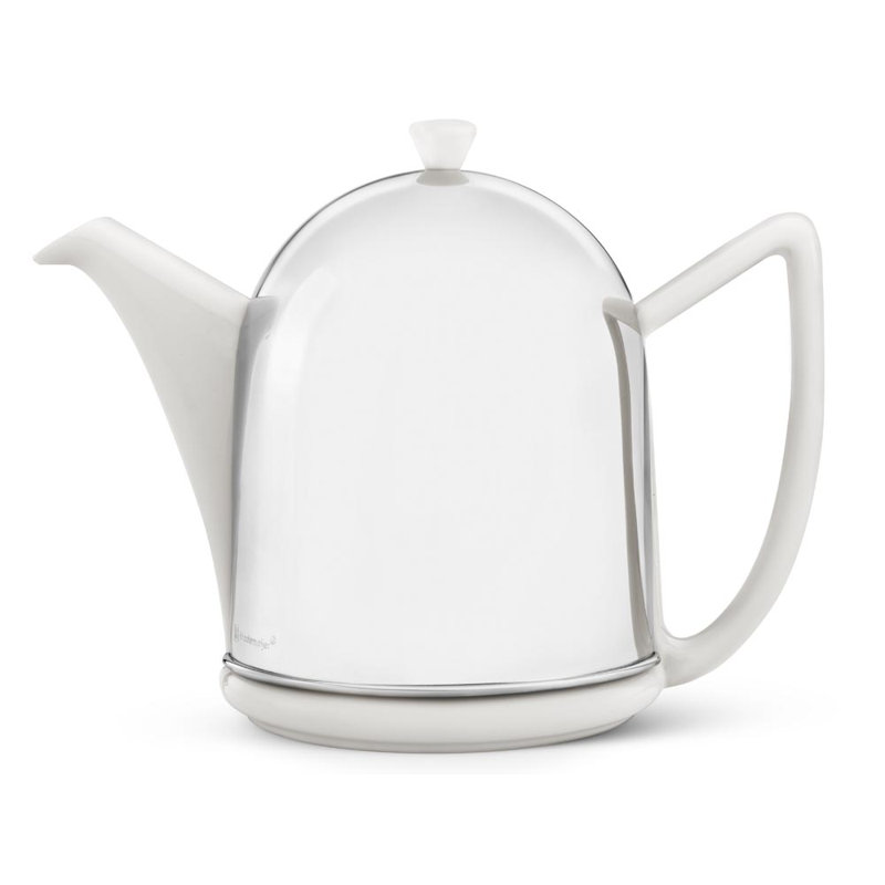 Théière en céramique / acier inoxydable Obryant, Argent avec poignée blanche, H 5,6 po x l 6,8 po x P 9,3 po