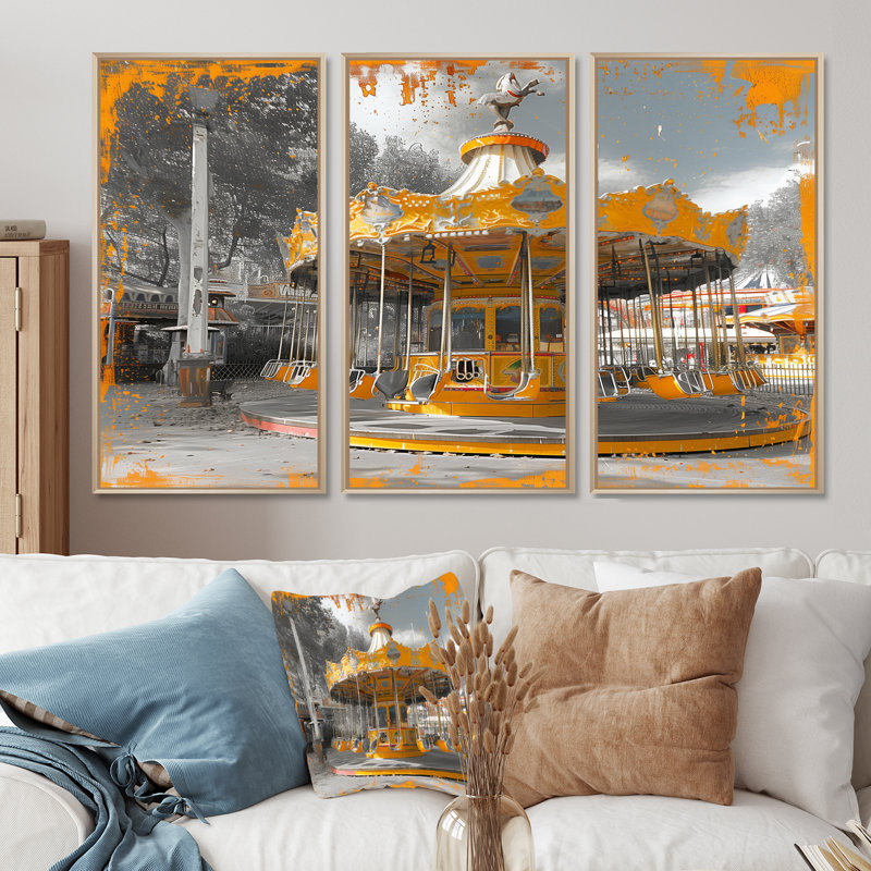 «Yellow Gray Autumn Autumn Wonderland Carousel Parks», ensemble d'art mural parcs d'attractions, Cadre naturel flottant