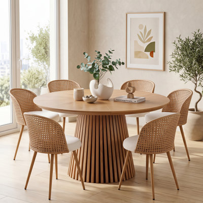 Ensemble de salle à manger rond de 7 pièces avec table sur pied et chaises rembourrées en rotin