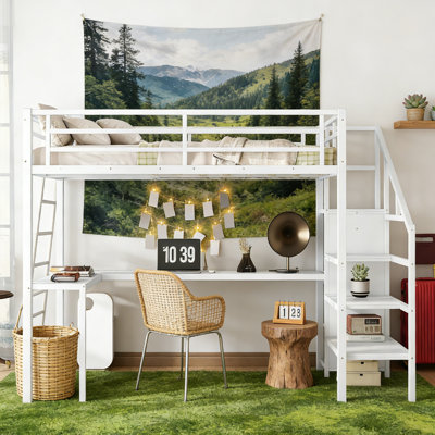 Lit mezzanine en métal avec bureau et USB, lumières DEL