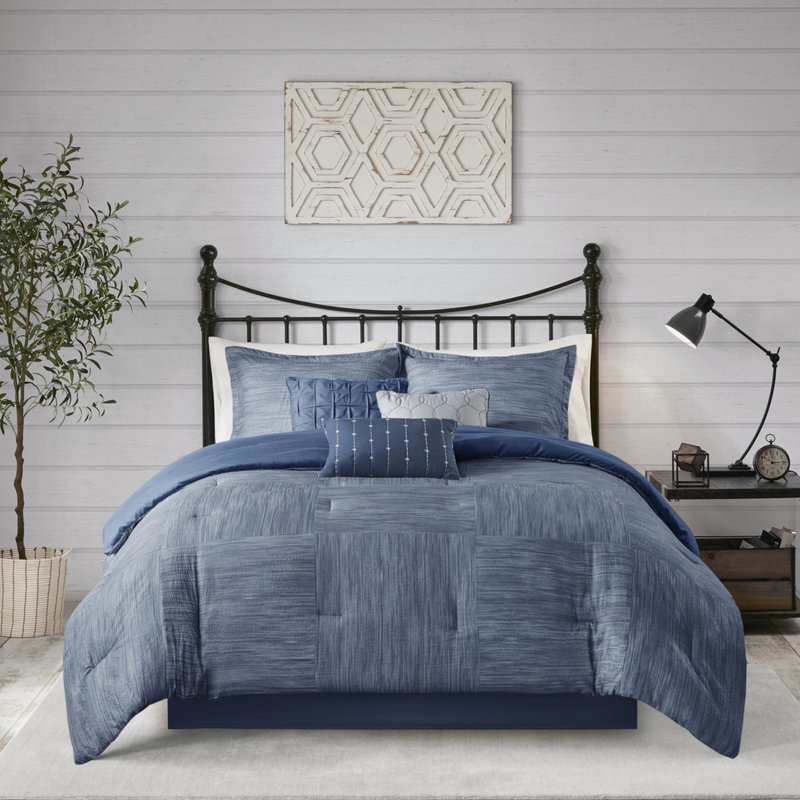 Printed Seersucker Comforter Navy King 7 Piece Fabric Material