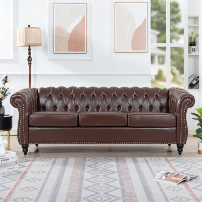 Elaiza 3-Seater Chesterfield Faux Leather Sofa with Rolled Arm