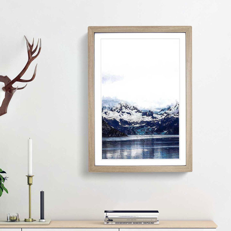 Snow Covered Mountains in Juneau Alaska - Picture Frame Painting Print, 65cm H x 48cm W x 2cm D, Oak Framed
