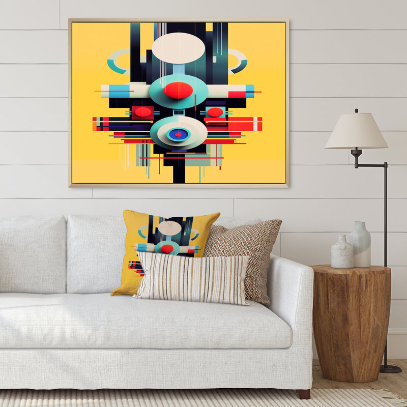 Minimal Retro géométrie sur jaune - impression sur toile géométrique moderne, Cadre naturel flottant