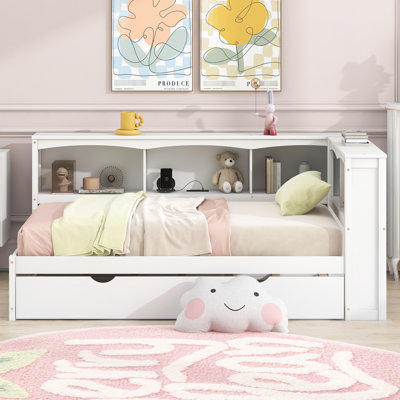 Lit de jour simple blanc avec lit gigogne et rangement - construction en bois massif robuste