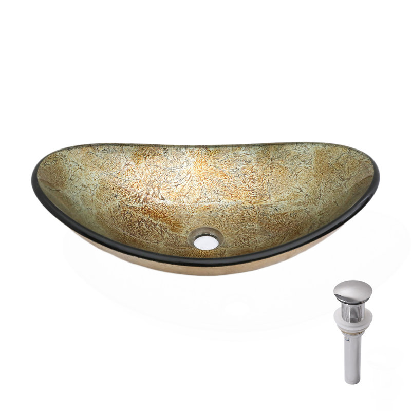 Artistic Tempered Glass Elegant Gold-Foil Glass Vessel Sink With Chrome Pop-Up Drain, Gold Boat Shape Bathroom Sink Above Counter (No Faucet)(Includes Only The Bathroom Sink)