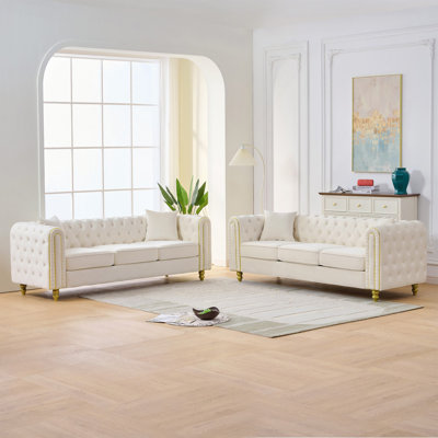 3 Seater +3 Seater Modern Loveseat Sofa,3+3 Seater Couch Comfy Velvet Sofa Button Tufted Rolled Arms And Gold Legs,Chesterfield For Primary Living Space