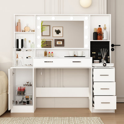 Vanity Desk with Mirror and Lights, Makeup Desk with Jewelry Organizer, Makeup Vanity with Glass Top, Dressing Table with Drawers and Shelves for Bedroom, White, 140 cm(W)× 137.9 cm(H)