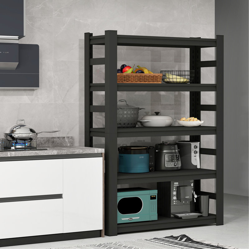Support de rangement en métal noir de 87 po avec tablettes réglables pour les salles d'outils, l'espace de vie principal - Barrières de sécurité latérales, sous-sols multifonctionnels, tablettes, noir, installation simple, barrières de sécurité