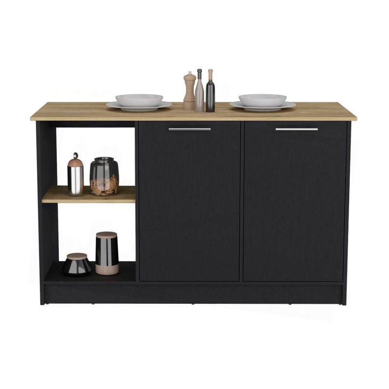 Kitchen Island With Large Countertop, Open Storage Shelves And Double Door Cabinet, 35.43" H x 59" W x  25.19" D, Black/Brown