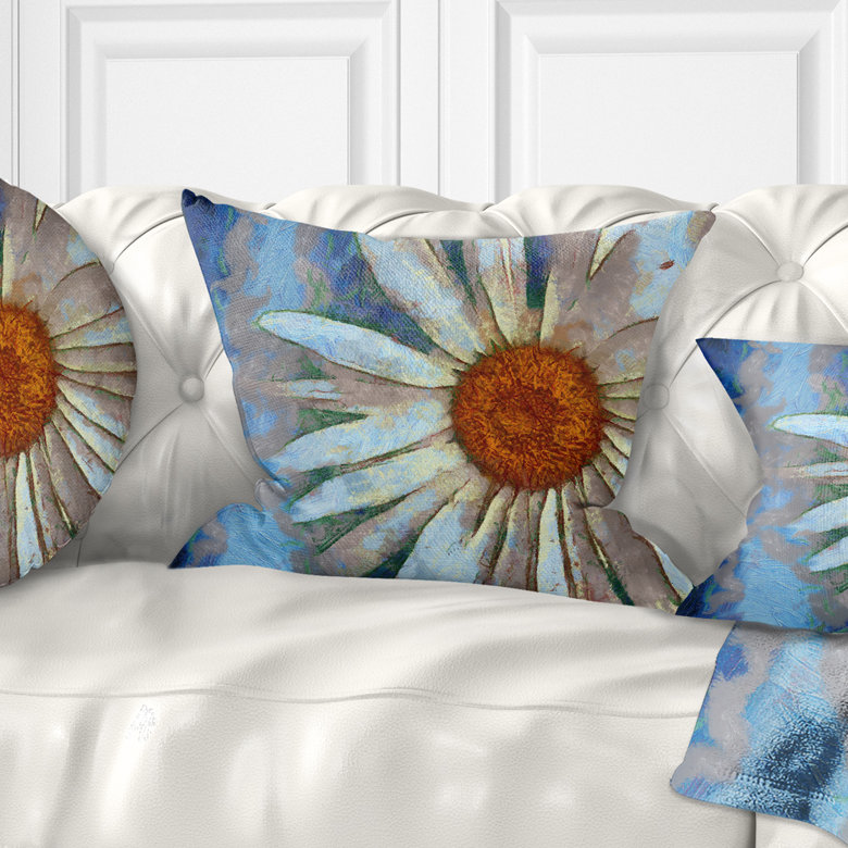 Coussin décoratif imprimé à la main fleur de camomille blanche, 16 po x 1 po, Carré