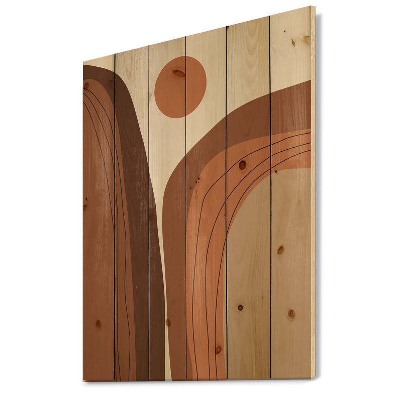 Abstrait terre cuite coucher de soleil paysage de montagne - impression moderne sur bois de pin naturel