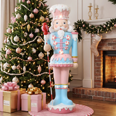 Soldat Casse-Noisette rose lumineux de 1,13 m avec sceptre en forme de canne à sucre, décoration de Noël en MgO