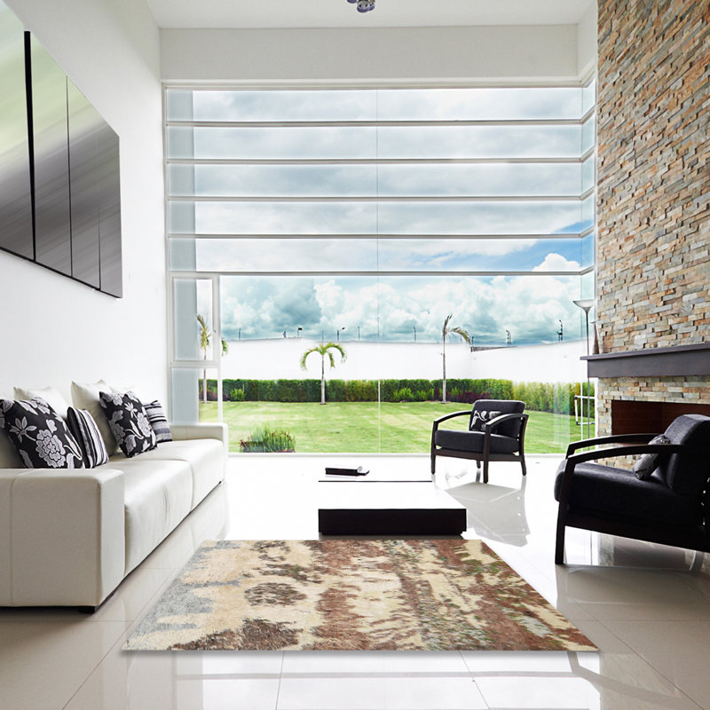 Brun contemporain/Tapis décoratif bleu, Carré 4 pi