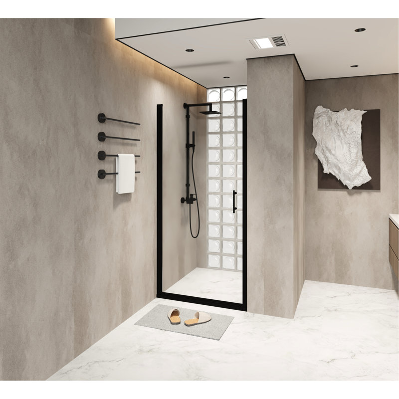 28"X72" Tempered Glass Pivot Shower Door In Matte Black Aluminum Frame, Film, Practical Stainless Steel Handle, Swing Design For Bathroom Renovation 28X72 Inch With Mechanism, 1/4" Glass, Water -