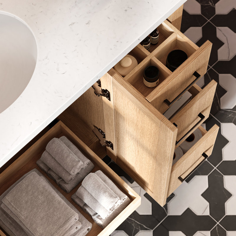 Meuble-lavabo ovale simple de 122 cm (48 po) avec comptoir en quartz blanc de Carrare de 3,8 cm (1,5 po) en chêne naturel