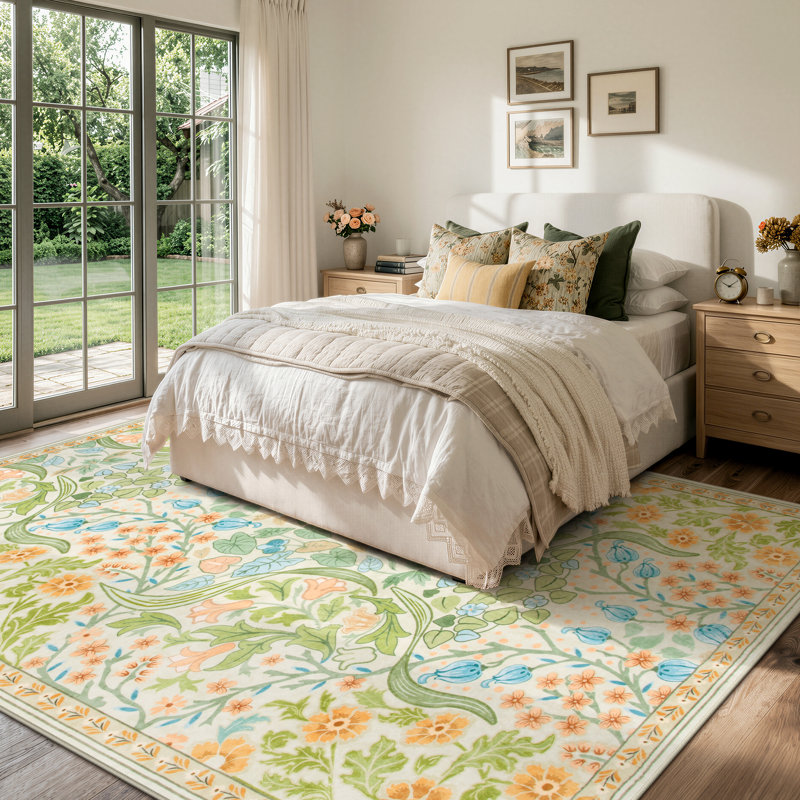 Tapis lavable à motif floral Kaldi, Rectangulaire 8 pi x 10 pi, Sarcelle