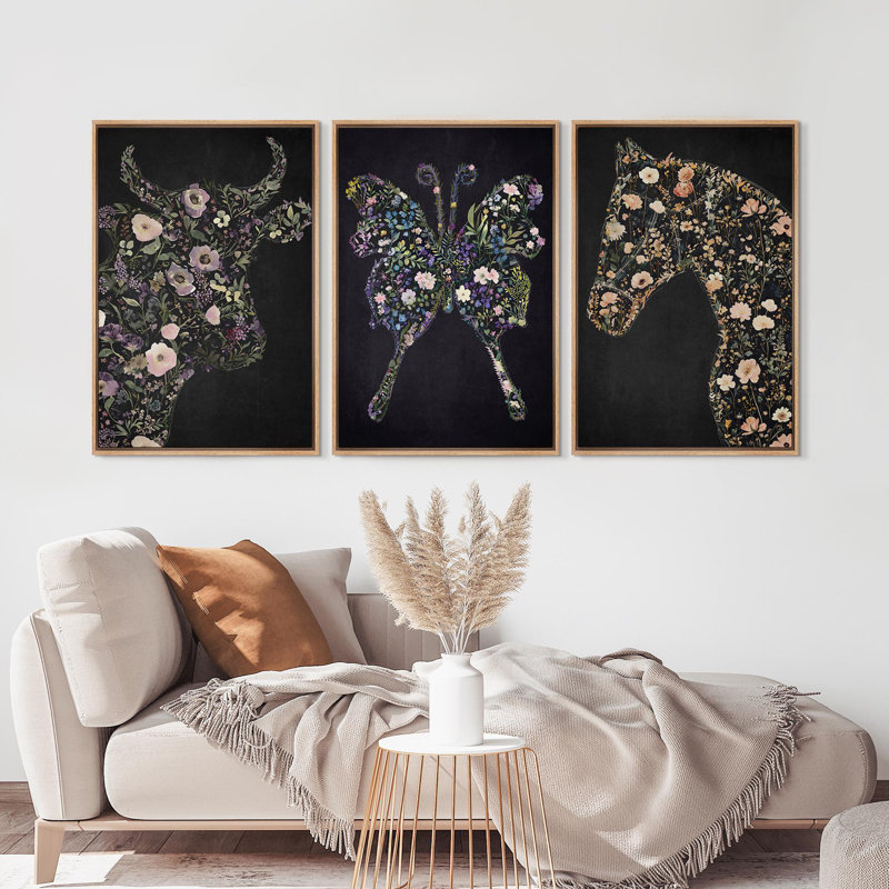 «Moody Flower Cow Butterfly Horse Chic Modern Boho Hme Decor», reproduction d'art sur toile encadrée, Naturel