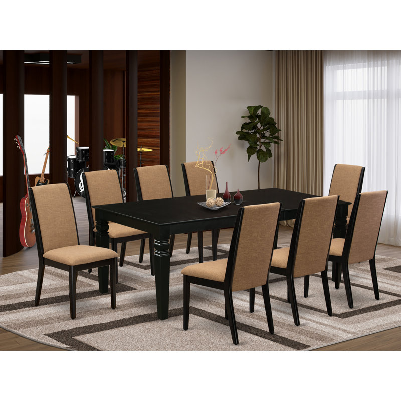 9 Piece Dining Table Set Includes a Rectangle Kitchen Table with Butterfly Leaf and 8 Light Sable Linen Fabric Upholstered Chairs, Black