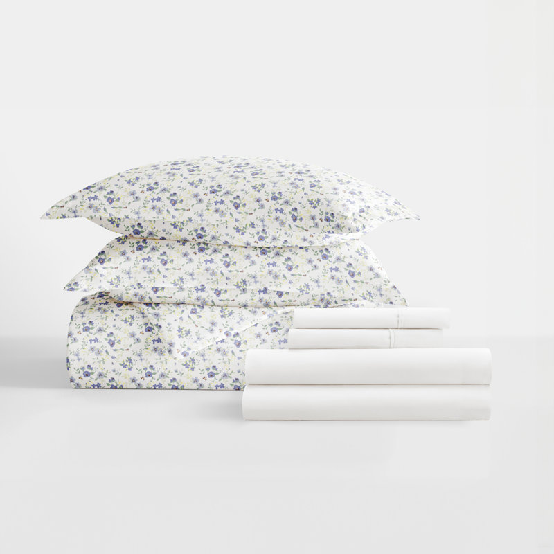 Ensemble de literie réversible 8 pièces - Housse de couette à motif, insert d'édredon et ensemble de draps unis, Floral mauve