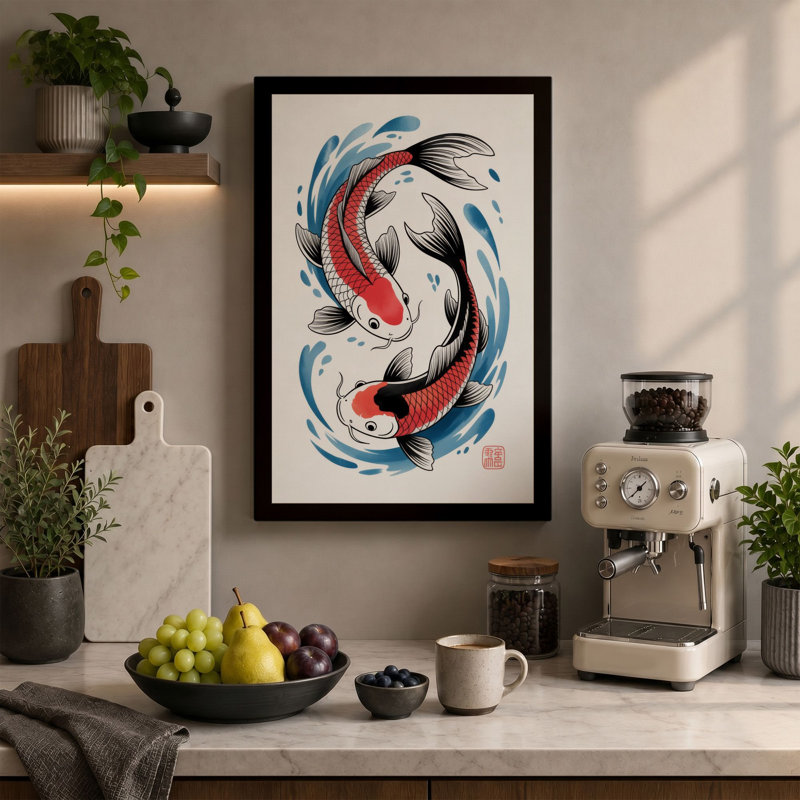 Koi Dance Japandi - Wrapped Canvas, 36x24 - 91.4 x 61.0 cm, Taupe Border