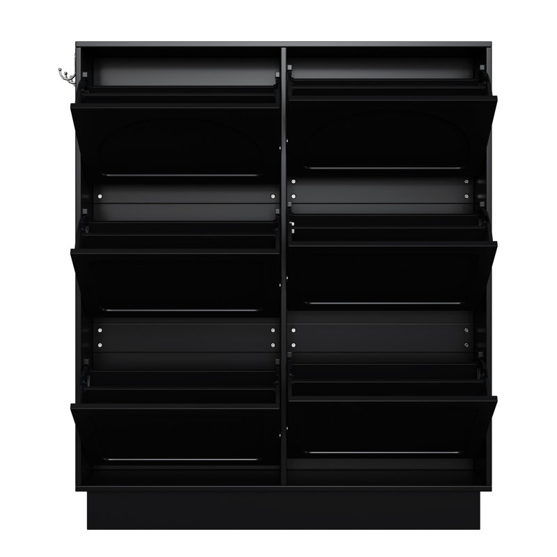 Cream Style Narrow Tipping Bucket Shoe Cabinet, 6 Flip Drawers, Adjustable Shelf, 3 Hooks, Space Saving Black Design For Entryway Organization Elegant Cabinet With Storage,