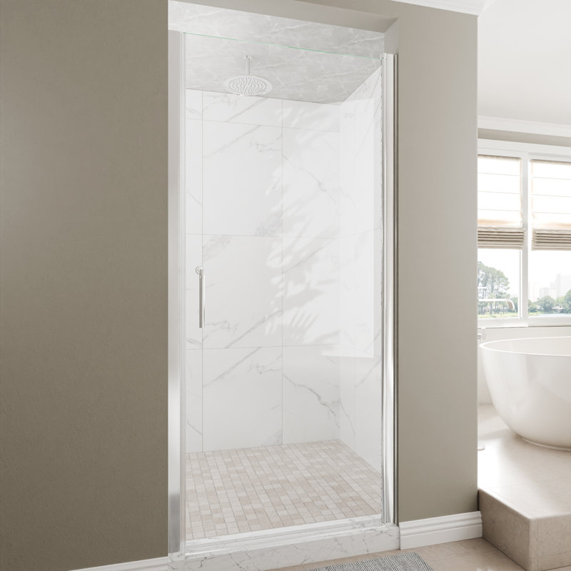 Porte de douche en verre pivotante sans cadre de 34 à 36 po x H 72 po avec verre certifié SGCC, Chrome, 34"W x 72"H