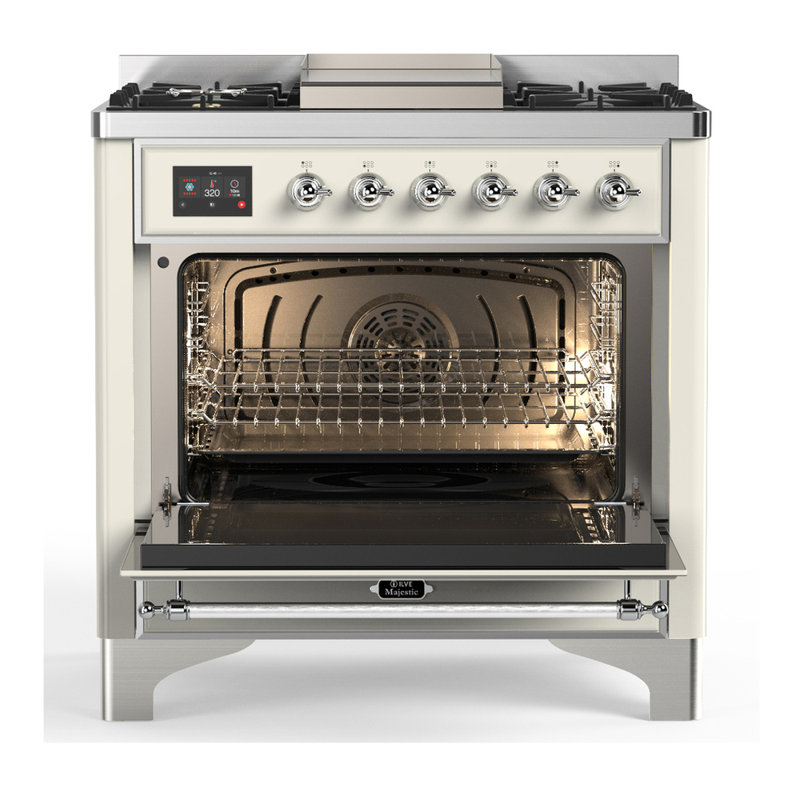 Majestic III Series 36 Inch Dual Fuel Range with 6 Sealed Burners, Griddle, in Glossy Black (Natural Gas, Brass Trim), Chrome