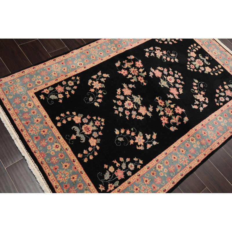 Tapis noir / turquoise en laine noué à la main de conception unique 4 pi x 6 pi Johnandrew