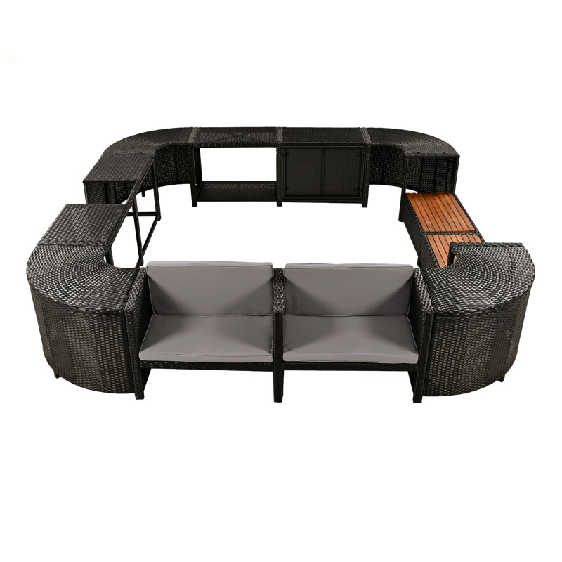Ensemble de canapé modulaire en rotin quadrilatéral avec cadre mini spa, sièges en bois et espaces de rangement Spa, Gris