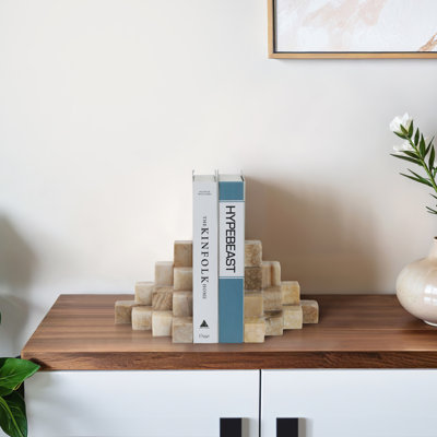 Bookends Natural Stone and Marble Geometric Stacked Texture 6 x 6 x 6 Tan Modern Glam for Home Office Bedroom Living Room Set of 2