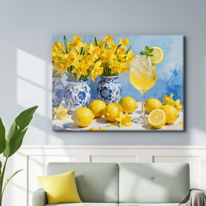 Lemon Wall Art with Blue Pottery Lemonade Framed Canvas Print, 24" H x 36" W