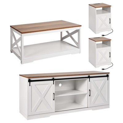 Ensemble de 4 tables basses de style campagnard, table basse de 40 po avec 2 tables de bout et meuble télé de 66 po, ensembles de tables de salon faciles à assembler avec station de charge, pour bureau, salon et appartement