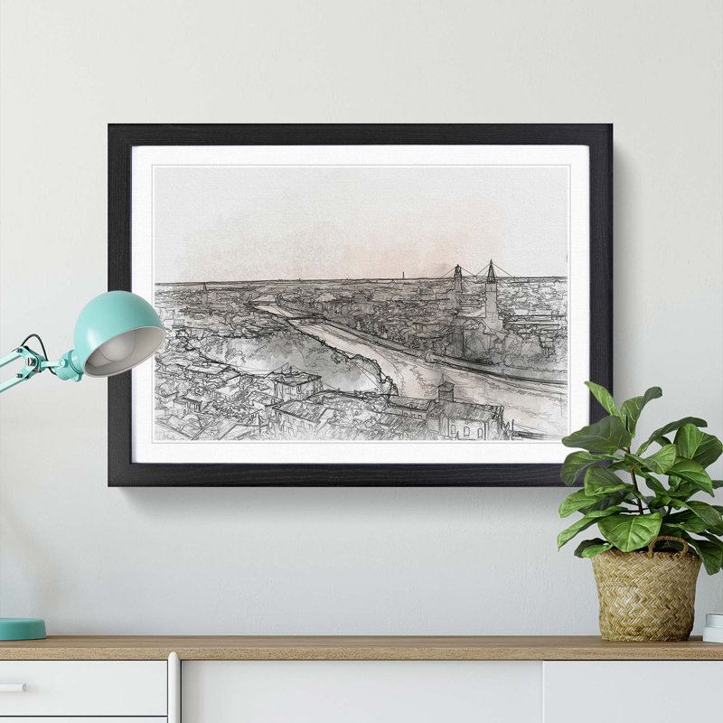 Skyline of Verona Italy in Abstract - Picture Frame Graphic Art Print, 48cm H x 65cm W x 2cm D, Black Framed
