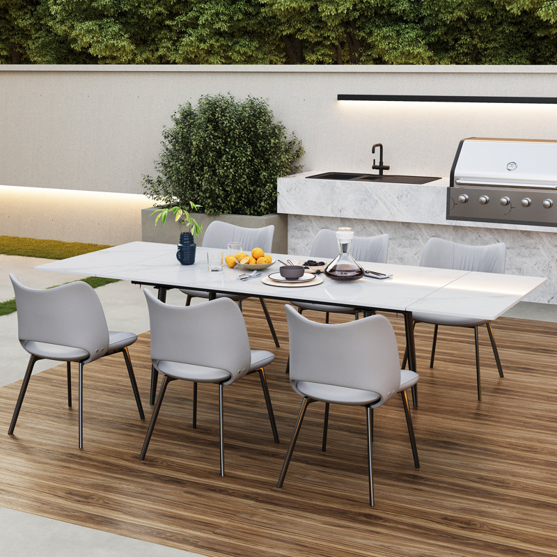 94.4" Retractable Sintered Stone Dining Table, Seats 8-10 People, White