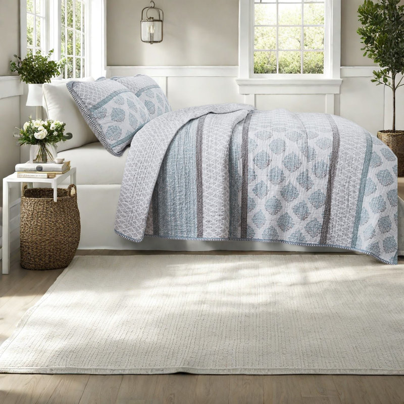 -Piece Aqua Cotton King Cal King Bedding Sets, Reversible Quilt