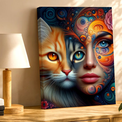 Reproduction d'art sur toile, chat et femme surréaliste, fantaisie colorée, animal de compagnie pour salon, chambre, bureau, couloir, galerie, décoration murale
