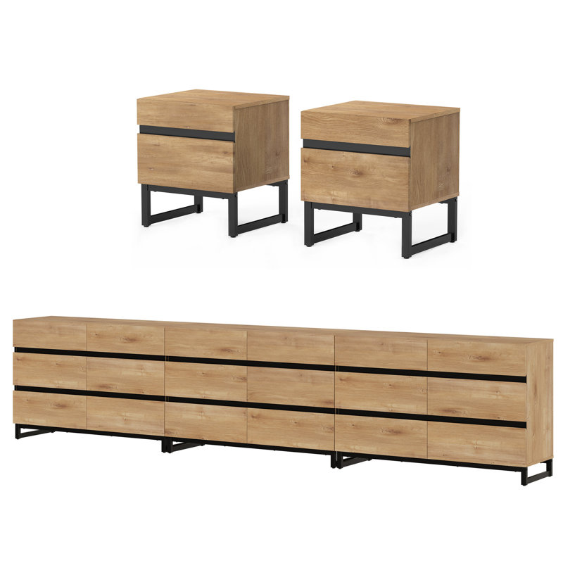 Ensemble de 5 pièces pour chambre à coucher moderne, commode de 142 pouces avec 18 tiroirs et 2 tables de chevet avec 2 tiroirs, ensemble de chambre à coucher de 5
