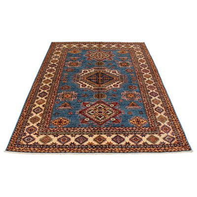 5x7 Blue and Ivory Kazak Tribal Rug
