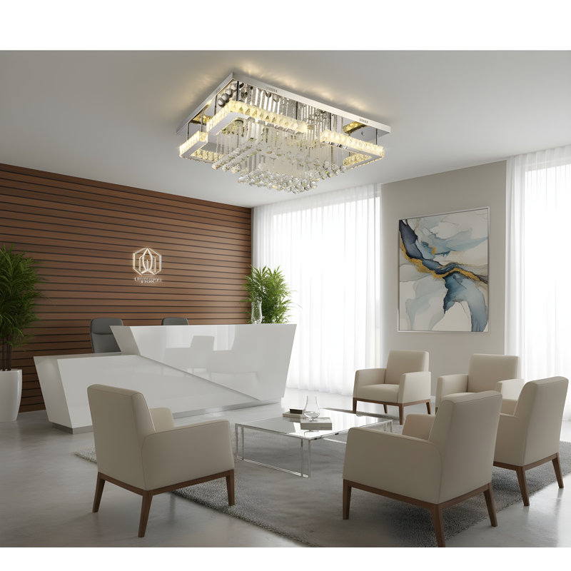 Crystal LED Ceiling Light, Stainless Steel K9 Modern Flush Mount Fixture, Square Chandelier with Glass Droplets. Ideal Ceiling Lamp for Dining Room, Living Room, Bedroom, and Office.
