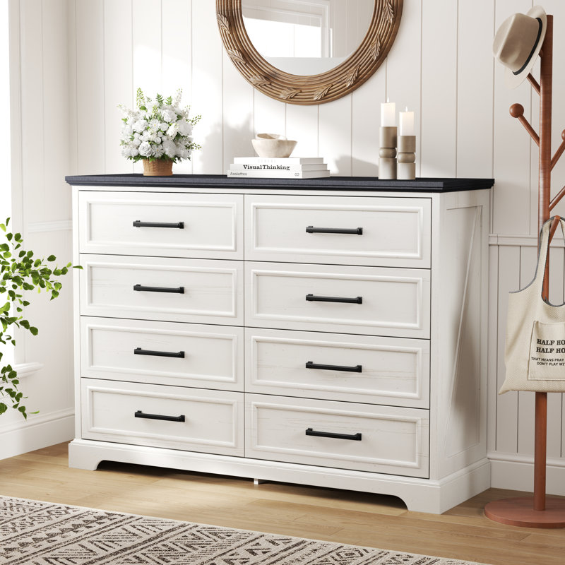 Commode 8 tiroirs Farmhouse pour chambre à coucher, commode rustique en bois de 52 po de largeur avec poignée en métal, texture naturelle