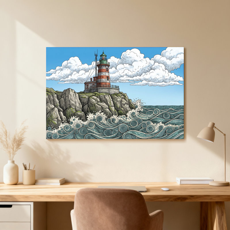 Phare sur une falaise rocheuse avec des vagues, H 12 po x l 18 po, Toile tendue, Ne s’applique pas