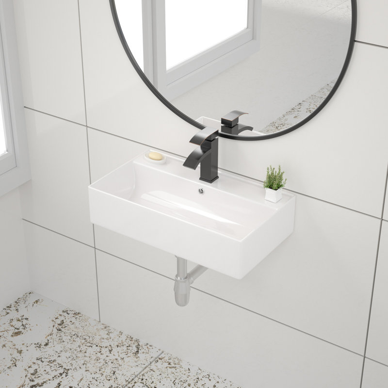 Lavabo de salle de bain mural rectangulaire en céramique avec trou pour robinet L 21 po x l 12 po