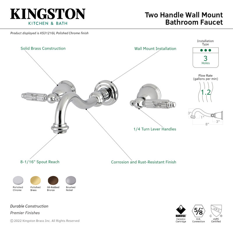 Kingston Brass Vintage Two-Handle 3-Hole Wall Mount Bathroom Faucet, Polished Chrome