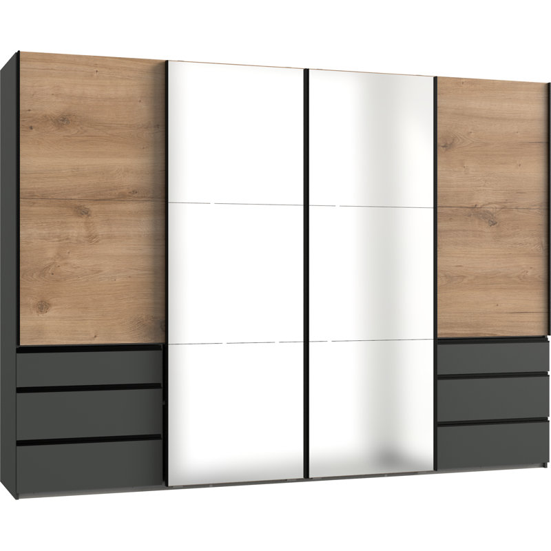Guardino 4 Door Wardrobe, 216cm H x 300cm W x 65cm D, Graphite/Plank Oak