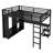 Queen size metal loft bed frame with built-in wardrobe, desk, and storage shelves, space-saving design, black
