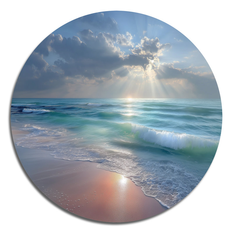«White and Pink Sunset Gentle Waves» - art mural rond en métal Coastal Beach, L 29 po x H 29 po
