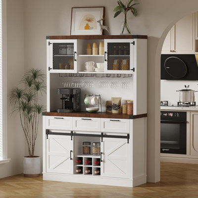 Farmhouse Buffet Cabinet with Sliding Barn Doors – Sideboard Wine Bar with 3 Drawers, Wine/Glass Racks, Liquor Cupboard for Kitchen (2 Boxes) by Gracie Oaks