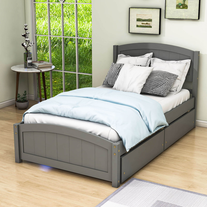 Doray Twin Platform Bed with Two Drawers and Headboard, Gray
